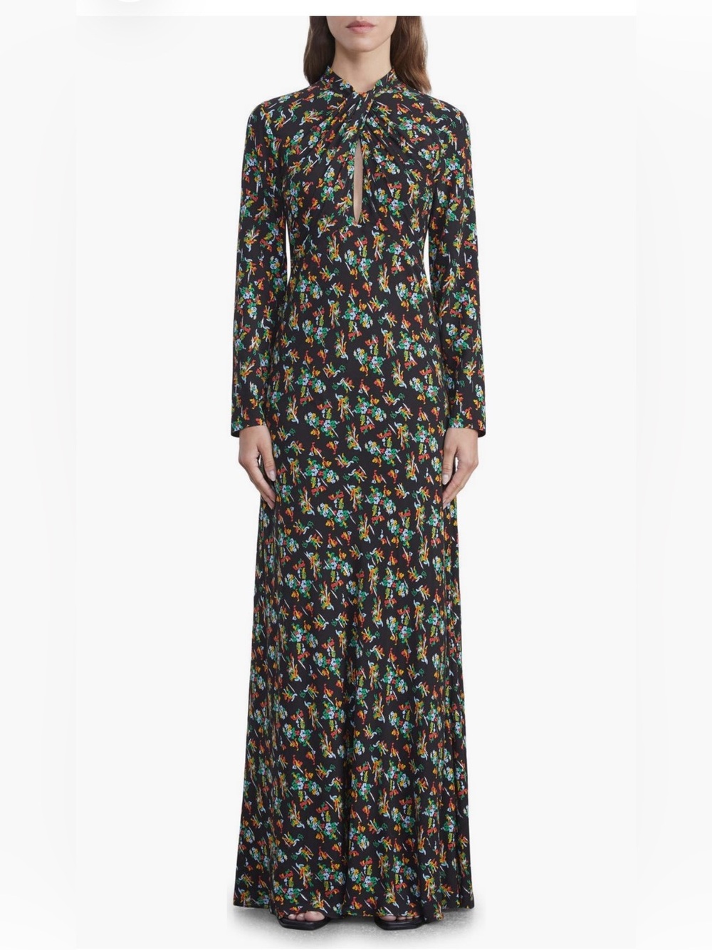 Lafayette 148 Floral Twist Neck Maxi Dress Black Multi Size 14